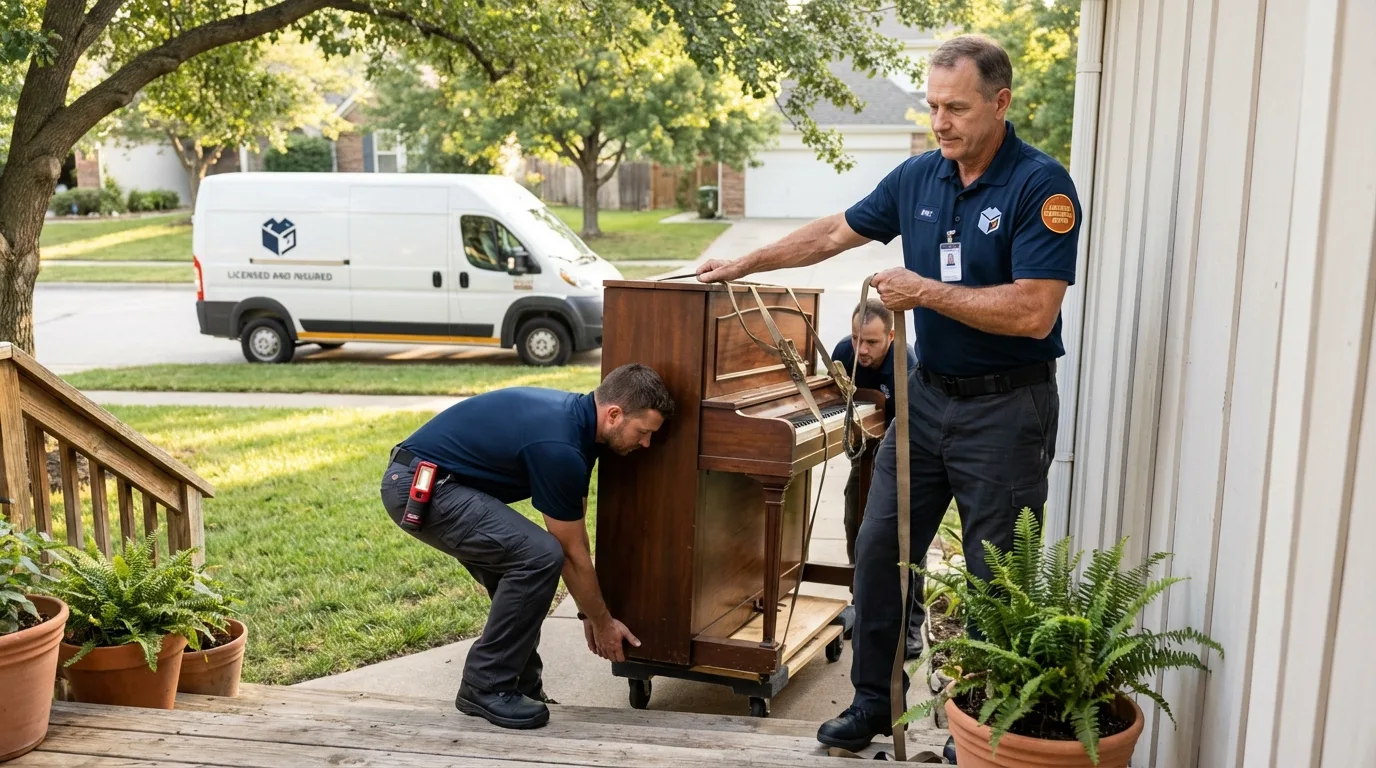 Licensed piano movers securing grand piano in Ponte Vedra Beach, FL