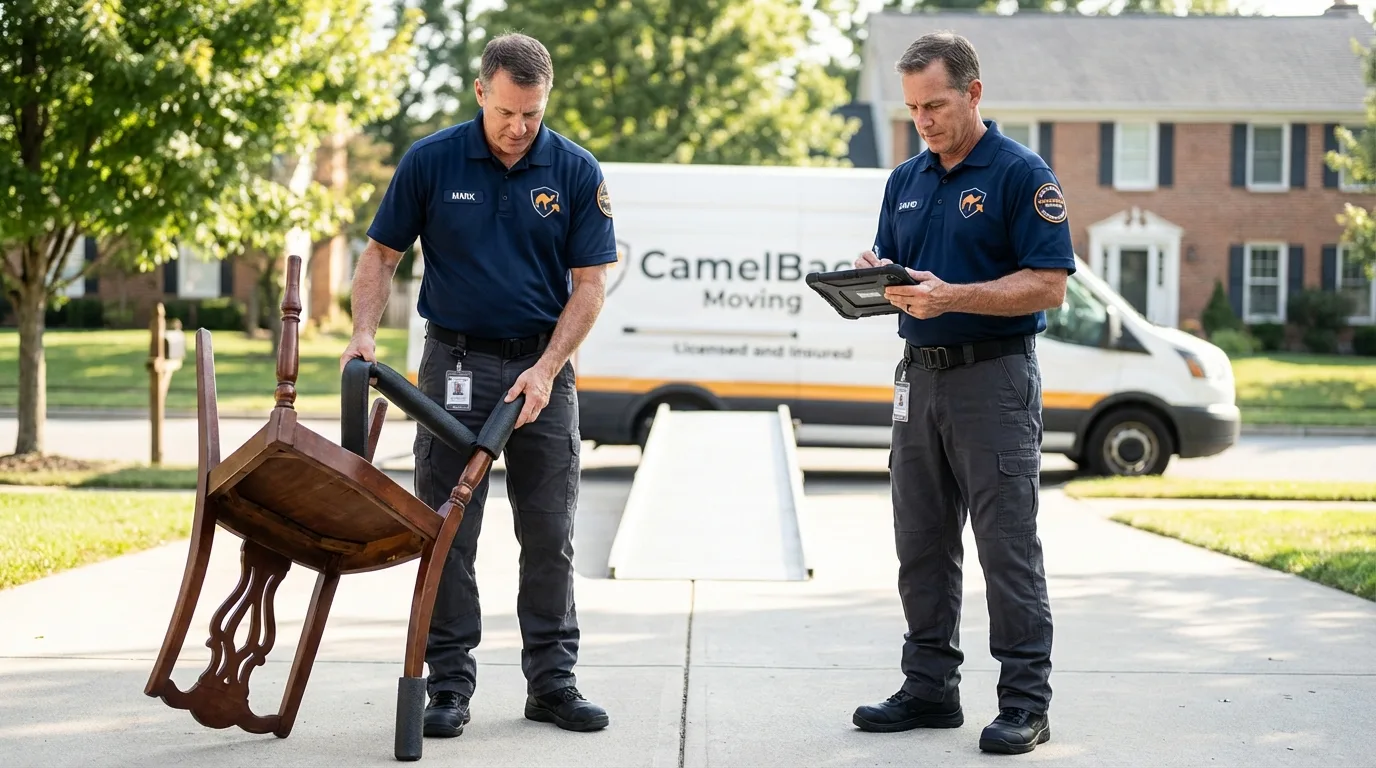 Movers inspecting furniture for damage prevention before loading in Ponte Vedra Beach, FL