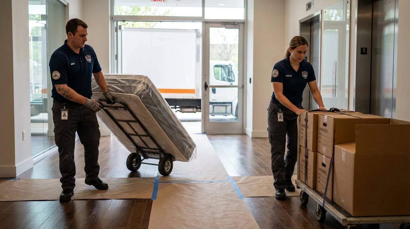 Professional apartment movers loading elevator in Ponte Vedra Beach, FL