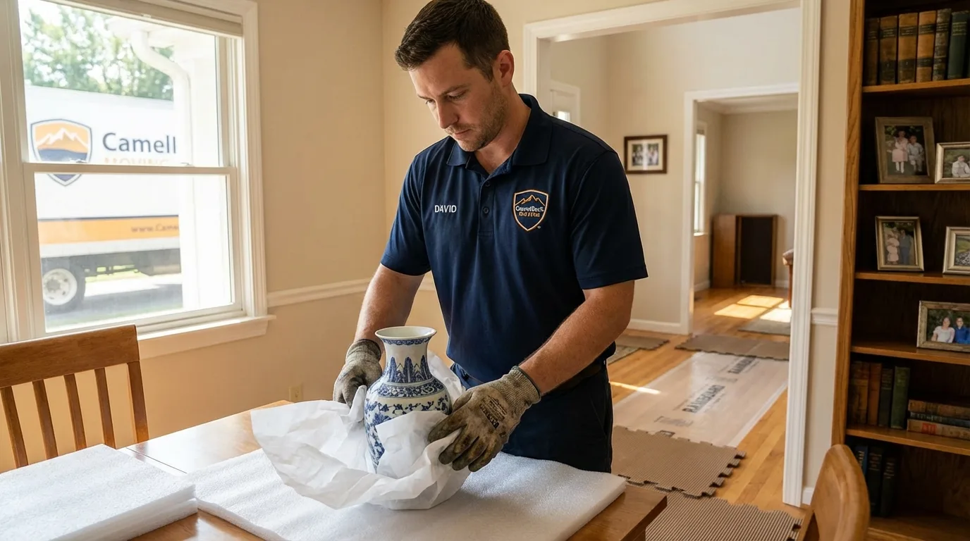 Professional crew carefully wrapping antique vase for senior downsizing move in Ponte Vedra Beach, FL
